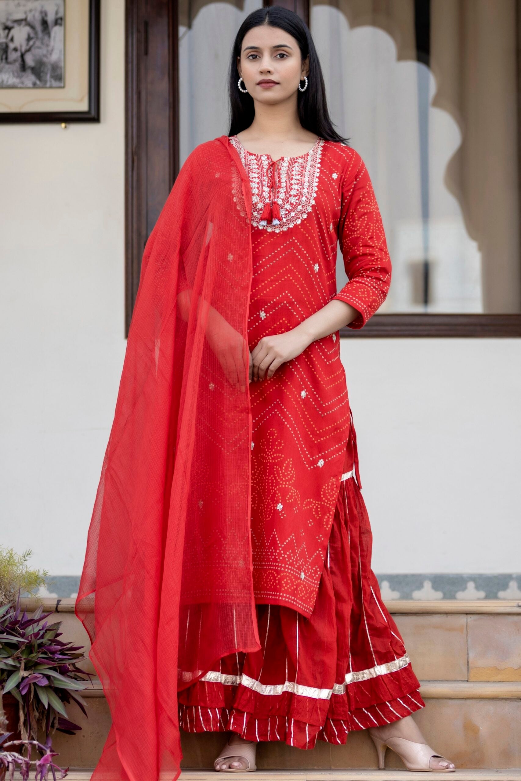 Red and white bandhani gota suit set by Floral Tales | The Secret Label